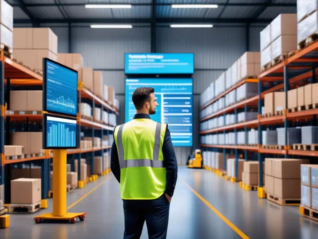 Eficiencia logística: almacén automatizado con trabajadores y tecnología Eficiencia operativa en logística con Big Data: Almacén moderno con maquinaria automatizada, trabajadores y pantallas de datos