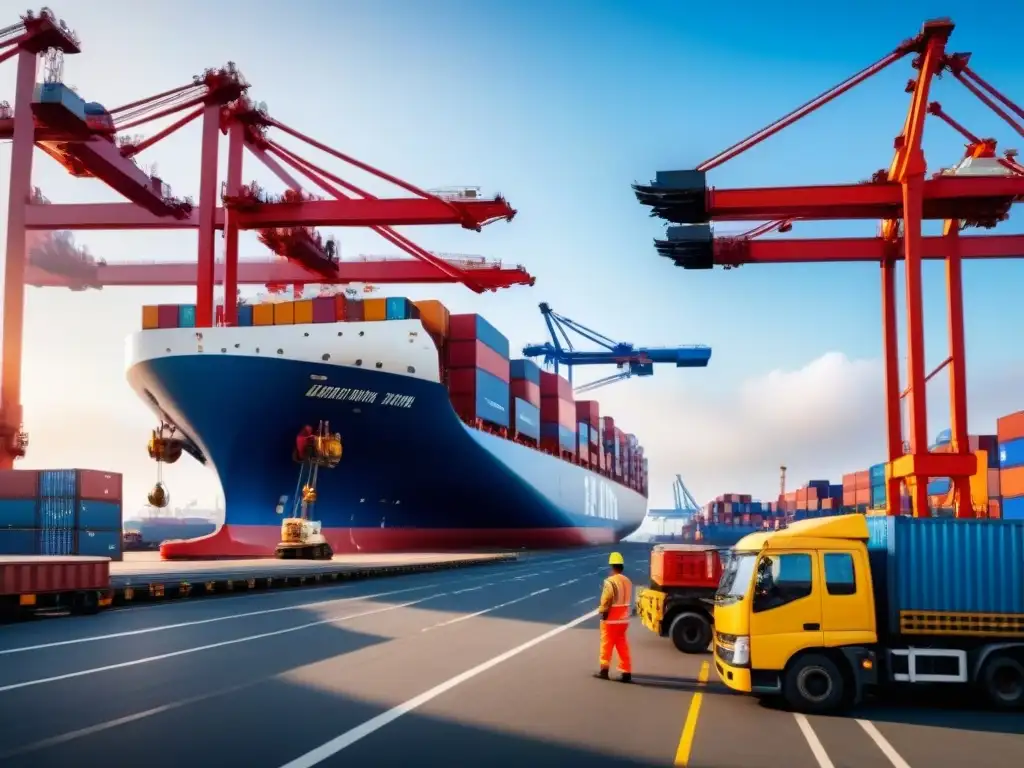 Operaciones logísticas en puerto: eficiencia y escala comercial Eficiencia en puerto de comercio internacional, con barcos cargueros, grúas y camiones