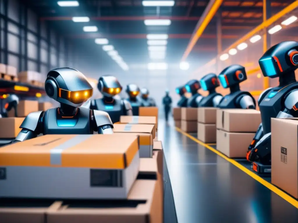 Almacén futurista: robots automatizados agilizan la logística Eficiencia en rastreo de paquetes: Almacén futurista con robots y trabajadores humanos trabajando juntos en un espacio organizado y bien iluminado