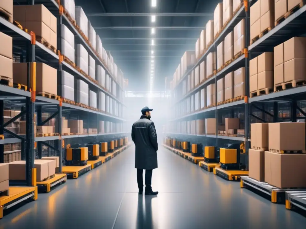 Almacén automatizado: eficiencia y tecnología avanzada en acción Eficiencia y tecnología en almacén automatizado con trabajadores y robots