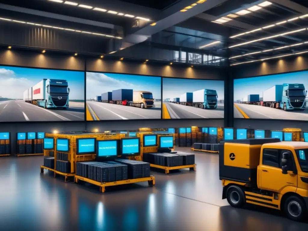 Centro logístico: eficiencia en tiempo real y tecnología Eficiencia y tecnología en centro logístico: camiones cargados, trabajadores coordinando, panel digital con datos de optimización rutas tiempo real