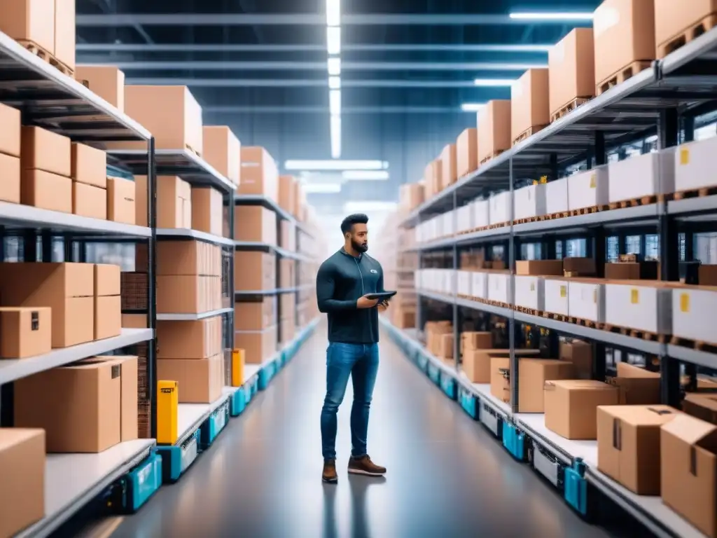 Centro de cumplimiento automatizado en la ciudad: eficiencia y tecnología Eficiencia y tecnología en Centros de Microfulfillment Logística Urbana: robots y trabajadores en almacén lleno de productos y paquetes