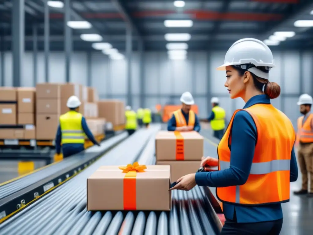 Almacén logístico moderno: eficiencia y tecnología en acción Eficiencia y tecnología en almacén logístico con trabajadores organizando paquetes y pantallas digitales