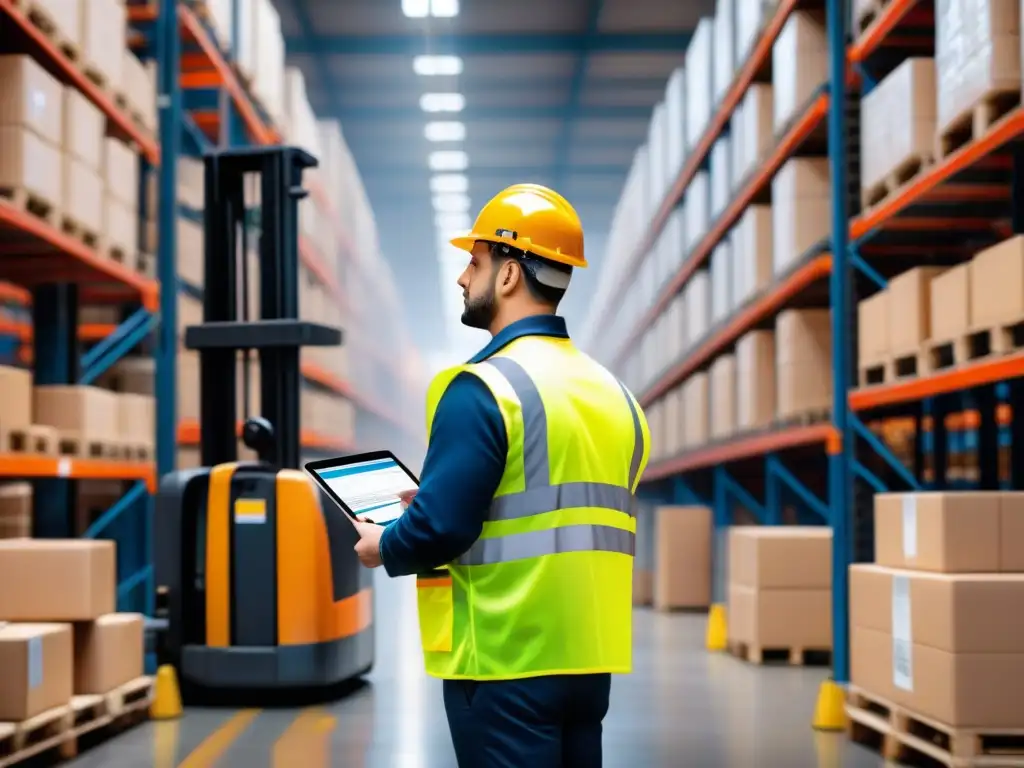 Eficiencia en almacén con trabajadores en chalecos reflectantes manejando montacargas entre estantes de productos