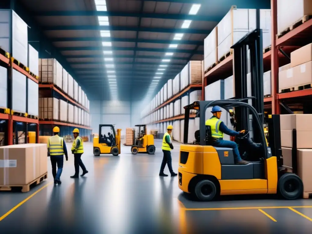 Centro logístico eficiente: operaciones en acción Eficiencia y trabajo en equipo en un centro logístico, con cargamentos y contenedores