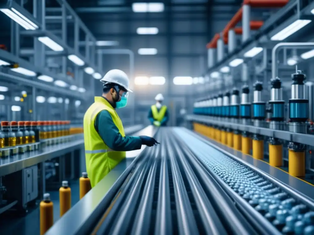 Planta química moderna con seguimiento digital Eficiencia y precisión: Trazabilidad productos químicos eficiente con tecnología avanzada y trabajadores supervisando la línea de producción
