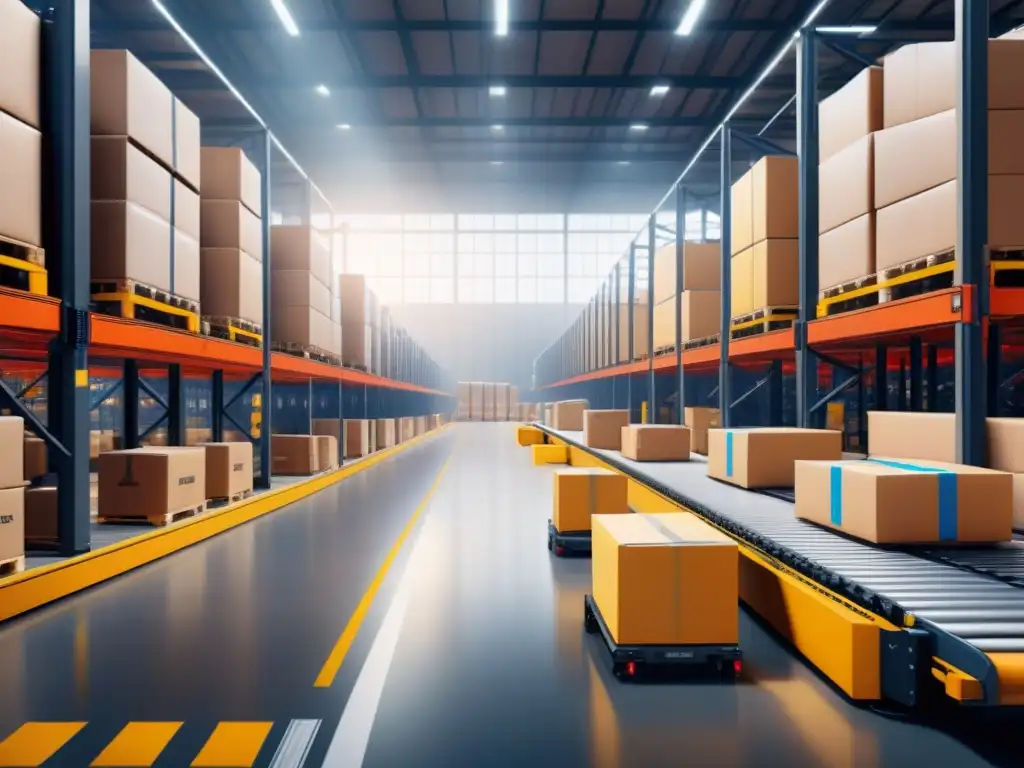 Automatización de almacén de última generación en acción Eficiente automatización de almacenes en acción: red de cintas transportadoras, brazos robóticos y vehículos automatizados