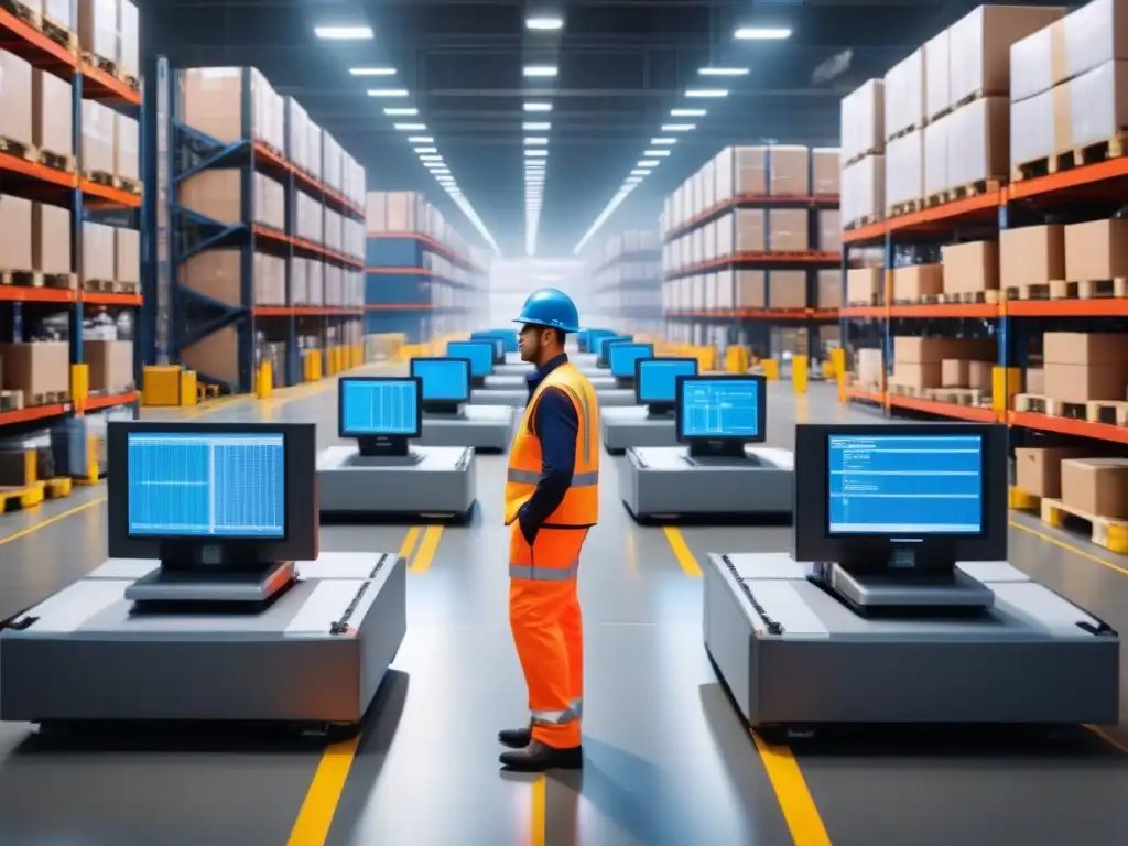Almacén automatizado: eficiencia y modernización logística Eficiente automatización en almacenes logísticos con brazos robóticos y control de alta tecnología