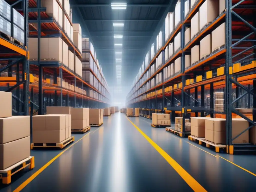 Almacén automatizado de alta tecnología en acción Eficiente automatización de almacenes: robots, estanterías altas, cintas transportadoras y pantallas digitales