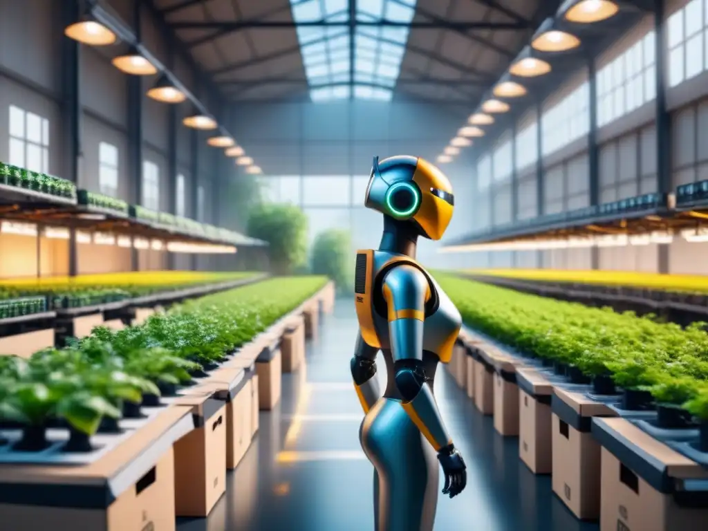 Almacén futurista: Robótica y sostenibilidad en logística Eficiente almacén con brazos robóticos organizando paquetes, rodeado de vegetación y paneles solares, fusionando tecnología y sostenibilidad en logística verde iniciativas corporativas