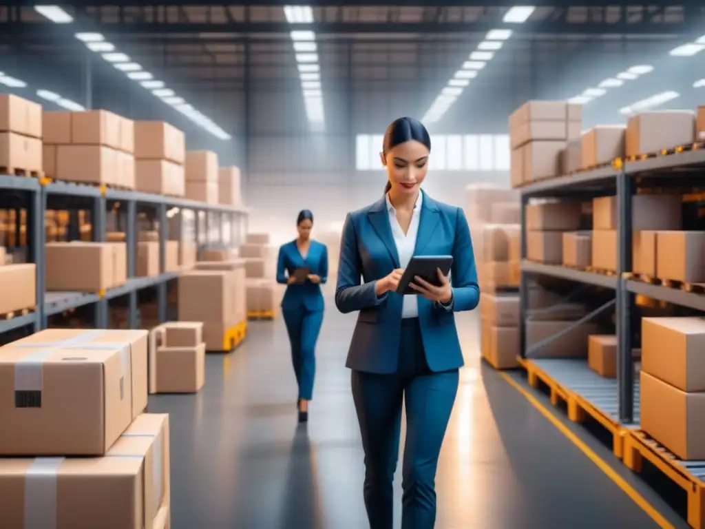 Innovación logística: IA y trabajadores colaboran en almacén Eficiente almacén con brazos robóticos clasificando paquetes y trabajadores supervisando con tablets