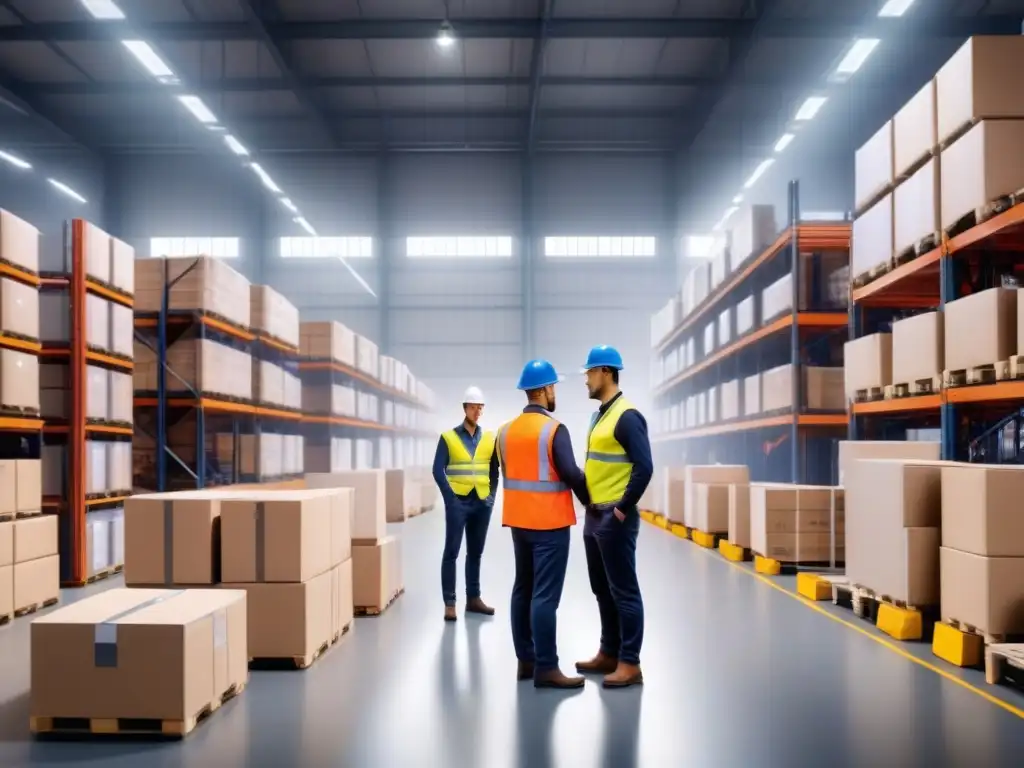 Logística eficiente: robots y trabajadores en almacén Eficiente almacén con brazos robóticos y supervisores en chalecos reflectantes