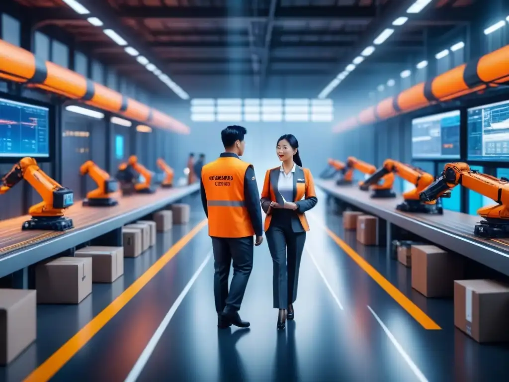 Centro logístico futurista en Asia: innovación y eficiencia Eficiente centro logístico futurista en Asia con robots, vehículos automatizados y cintas transportadoras