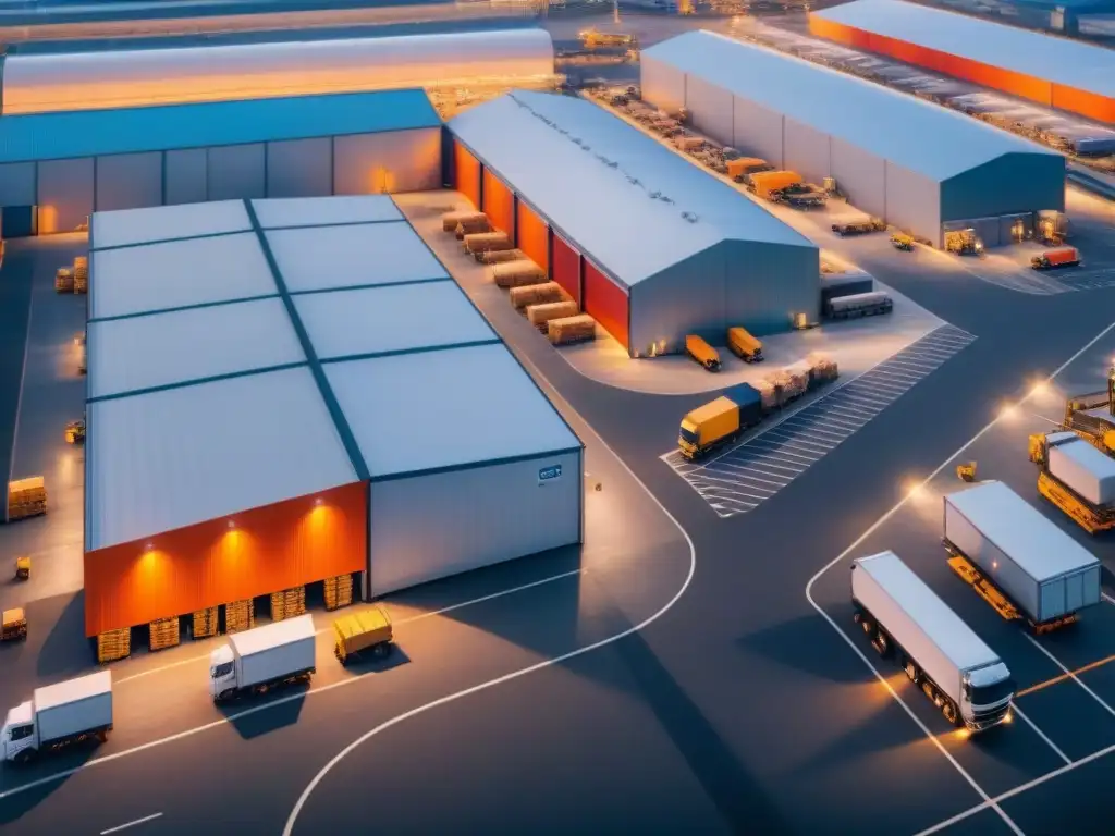 Centro logístico moderno: operaciones precisas y Big Data Eficiente gestión de Big Data en un centro logístico moderno, mostrando almacenes, camiones y trabajadores organizando envíos con precisión
