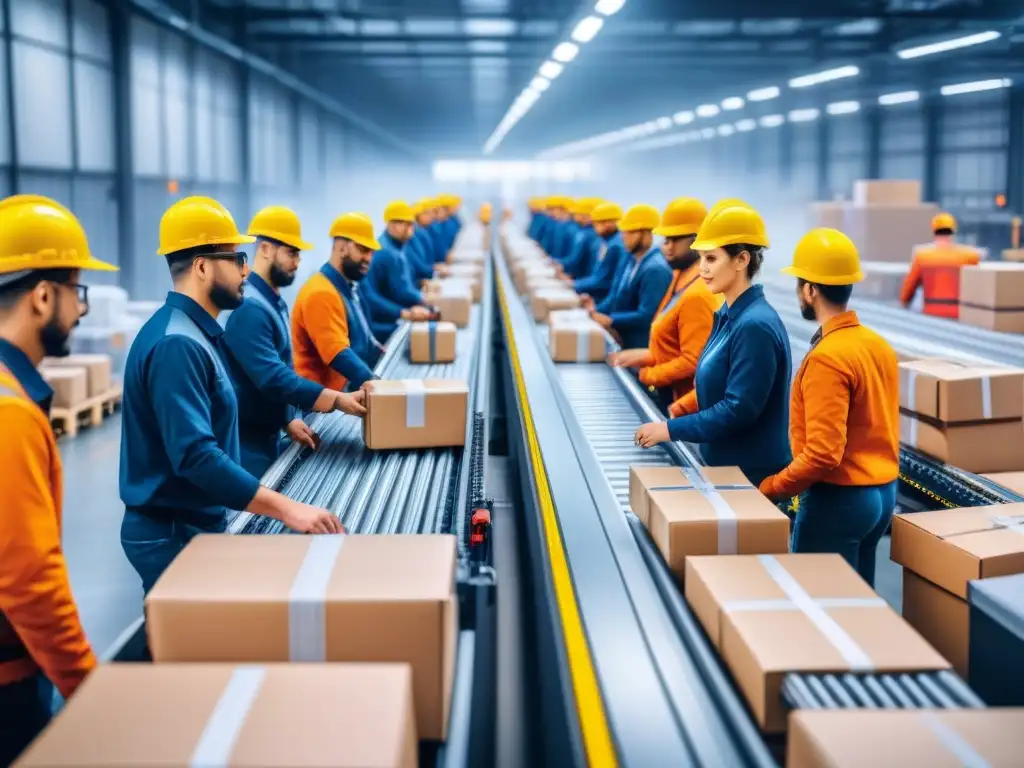 Centro logístico eficiente: innovación y trabajo en equipo Eficiente centro logístico con trabajadores y tecnología moderna, reflejo de innovación y colaboración