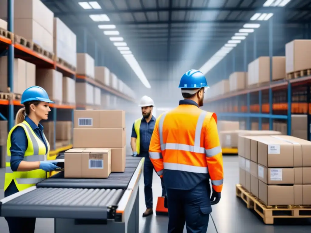 Centro logístico eficiente: coordinación impecable Eficiente centro logístico con trabajadores coordinados y plataformas colaborativas en logística
