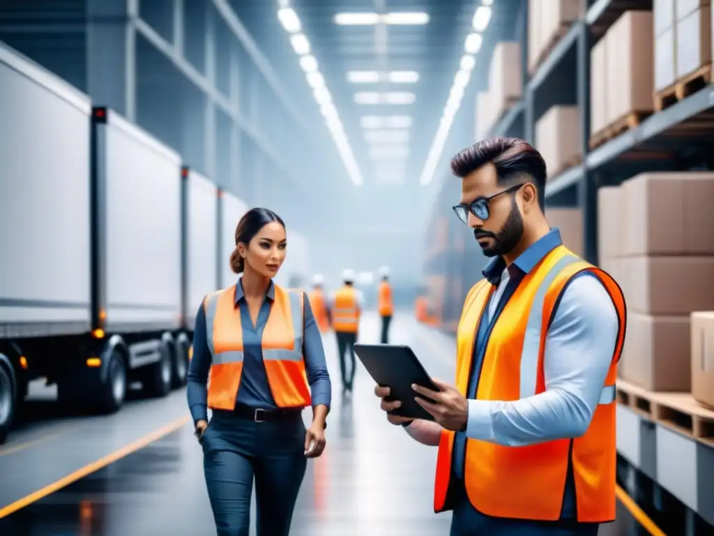 Centro logístico eficiente: operaciones en plena marcha Eficiente centro logístico con trabajadores y gerente supervisando operaciones, reflejando soluciones innovadoras logística transporte