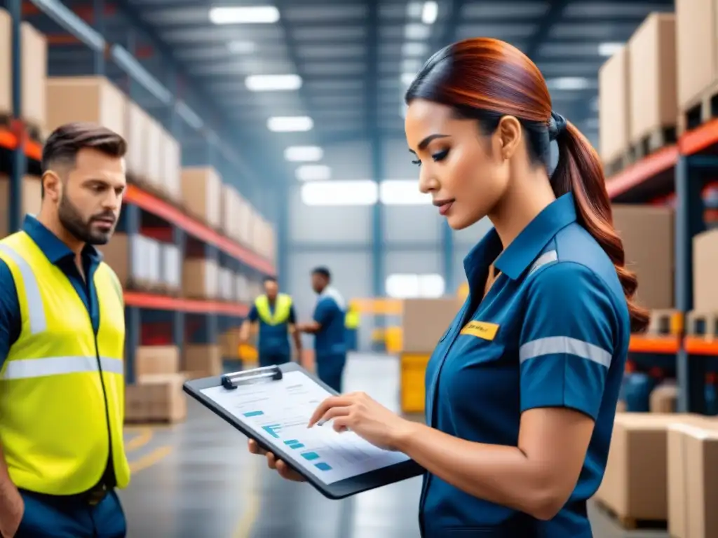 Centro logístico eficiente: operaciones optimizadas y ahorro de costos Eficiente centro logístico con trabajadores cargando camiones, un gerente supervisando y rutas optimizadas destacadas
