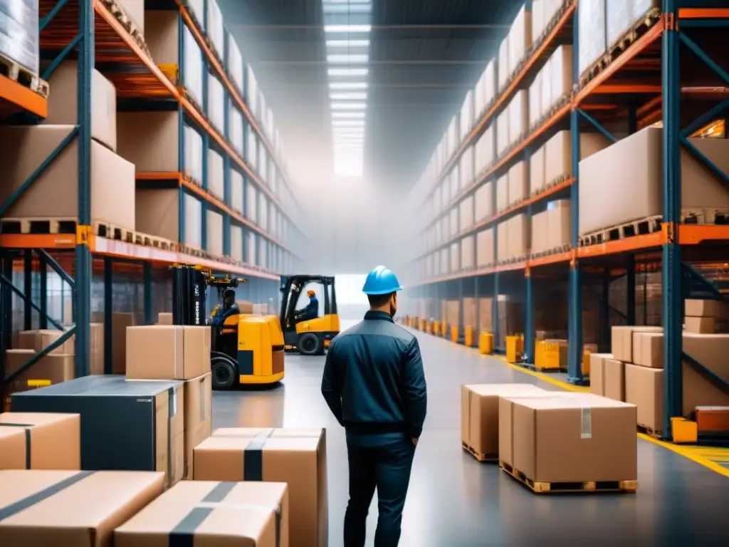 Centro logístico eficiente: operaciones optimizadas con software cloud Eficiente centro logístico con trabajadores organizando paquetes y camiones, resaltando ventajas del Software logística basado nube