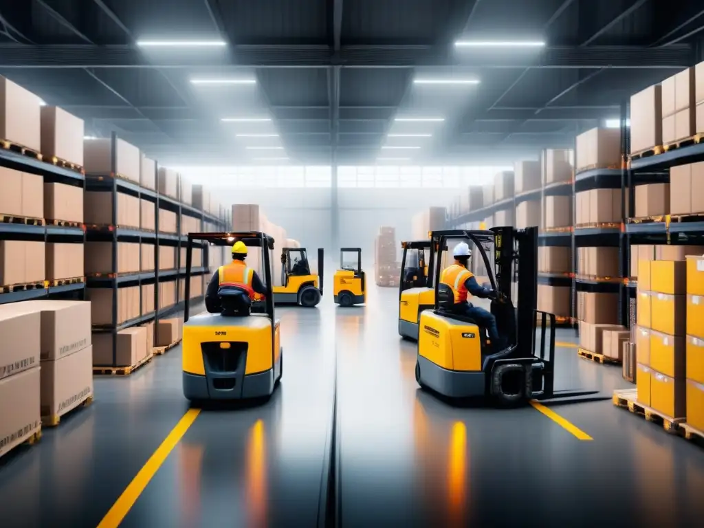 Eficiente centro logístico: trabajadores, camiones y cajas apiladas