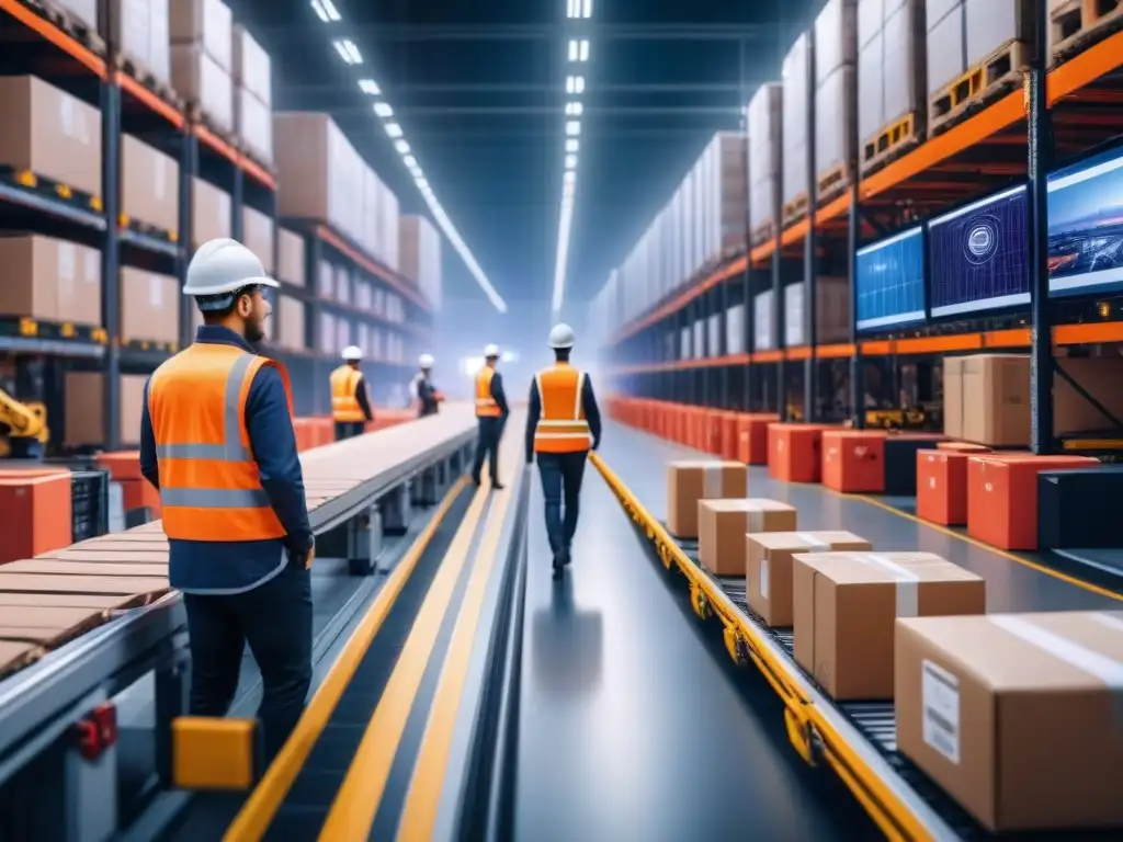 Centro logístico automatizado al anochecer: tecnología AI en acción Eficiente centro logístico al anochecer con vehículos automatizados, trabajadores monitoreando datos y robots clasificando paquetes
