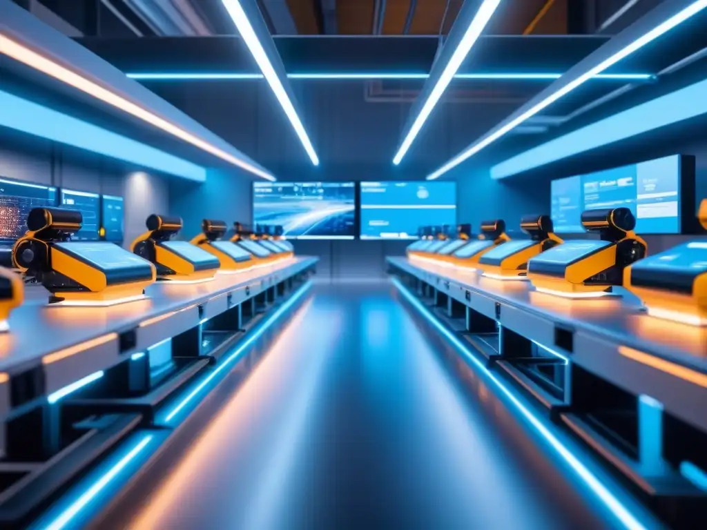 Centro de microfulfillment futurista con robots y tecnología avanzada Eficiente centro microfulfillment futurista con robots y trabajadores monitoreando sistemas