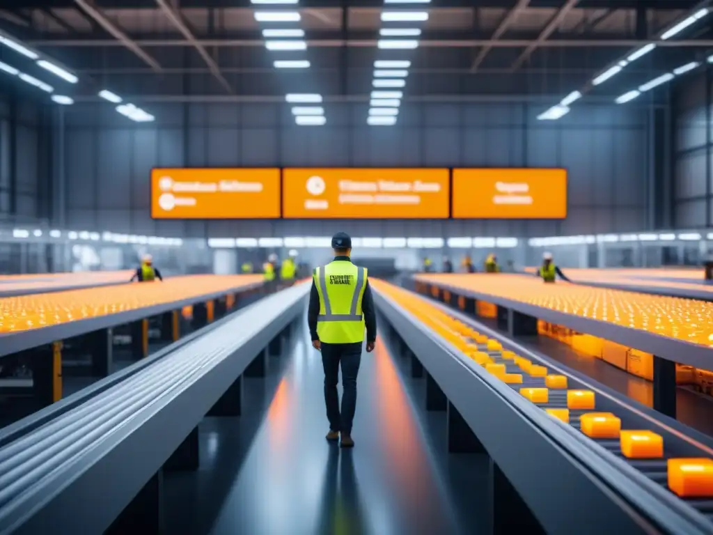 Eficiente centro de distribución con trabajadores y rutas optimizadas en logística