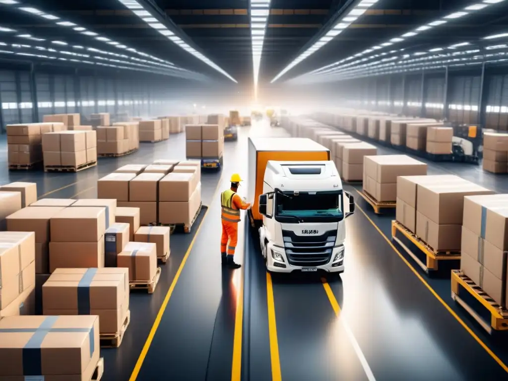 Centro logístico: eficiencia y coordinación en acción Eficiente certificación logística: trabajadores descargan, clasifican y cargan paquetes en un centro de distribución bullicioso
