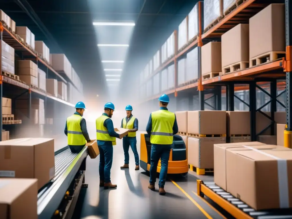 Almacén eficiente: trabajadores organizan paquetes bajo luces industriales Eficiente colaboración en almacén: trabajadores organizan paquetes bajo luces industriales, creando ventajas competitivas en cadena de suministro