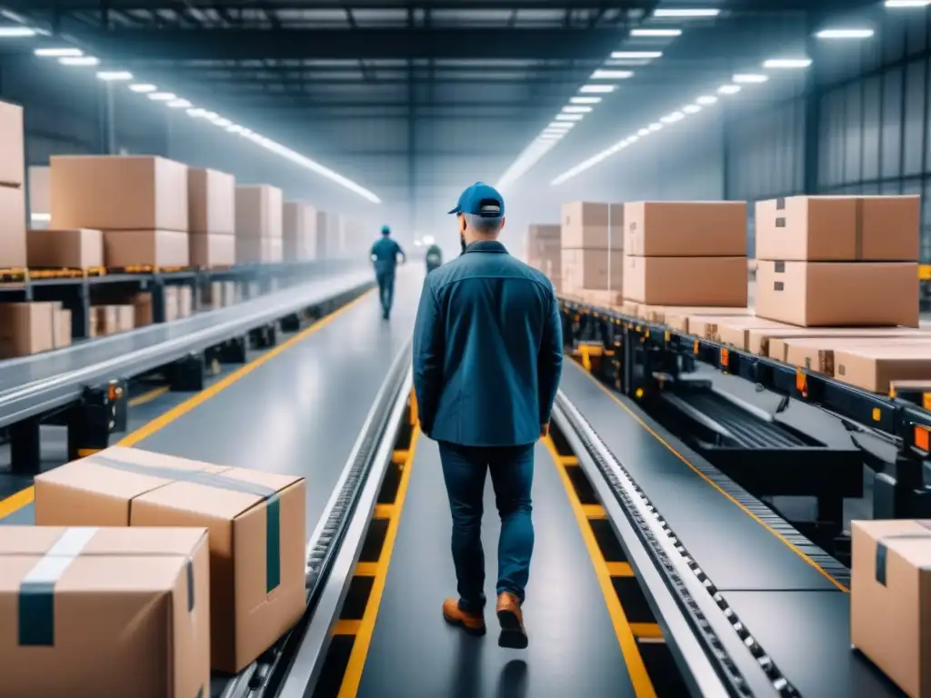 Eficiente logística: humanos y máquinas colaborando en almacén Eficiente colaboración: trabajadores y tecnología de visión computarizada en almacén, agilizando entrega de paquetes