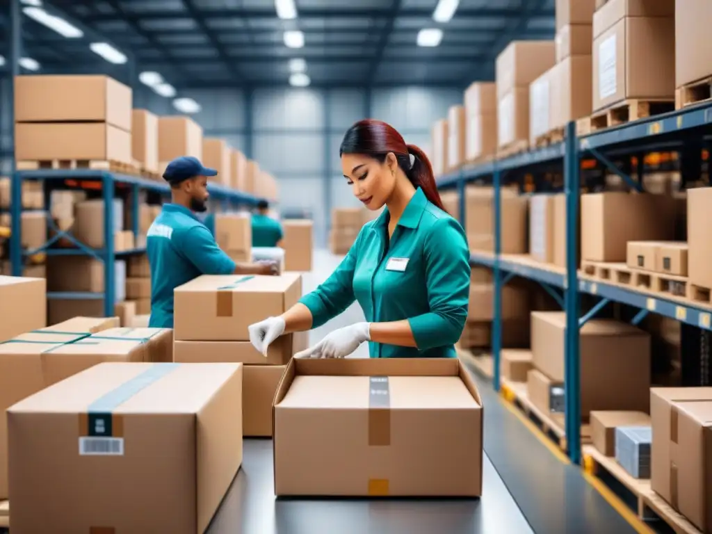 Eficiencia logística: Almacén de paquetería personalizada Eficiente consultoría en logística personalizada: trabajadores organizan paquetes en almacén logístico ocupado