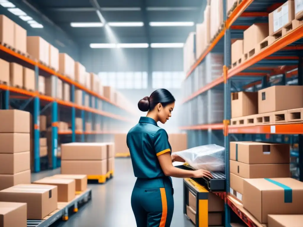Almacén logístico eficiente: trabajadores preparando pedidos personalizados Eficiente consultoría en logística personalizada con trabajadores ordenando y empaquetando pedidos en almacén ocupado