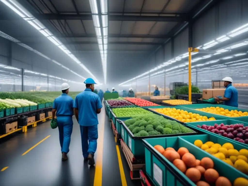 Centro de distribución de alimentos: eficiencia y tecnología en logística Eficiente distribución de alimentos con trabajadores cargando productos frescos en camiones refrigerados, junto a un mapa de optimización de rutas en tiempo real