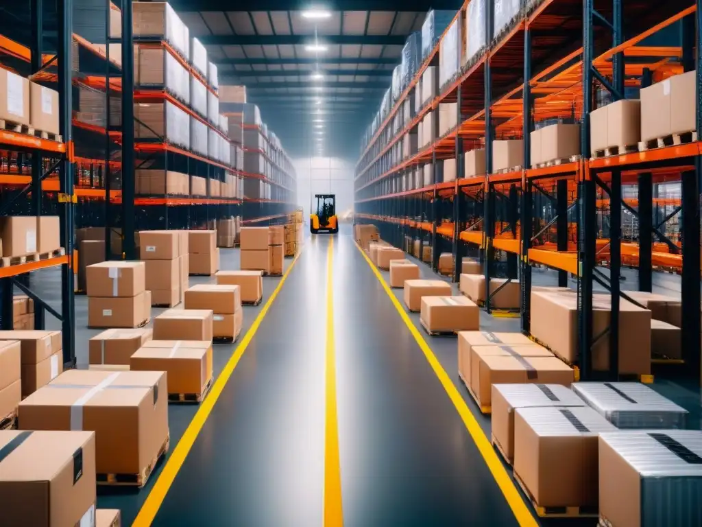 Centro logístico eficiente: operación impecable de ecommerce Eficiente almacén de ecommerce con software logístico para ecommerce eficiente: trabajadores, estanterías llenas y camiones de reparto