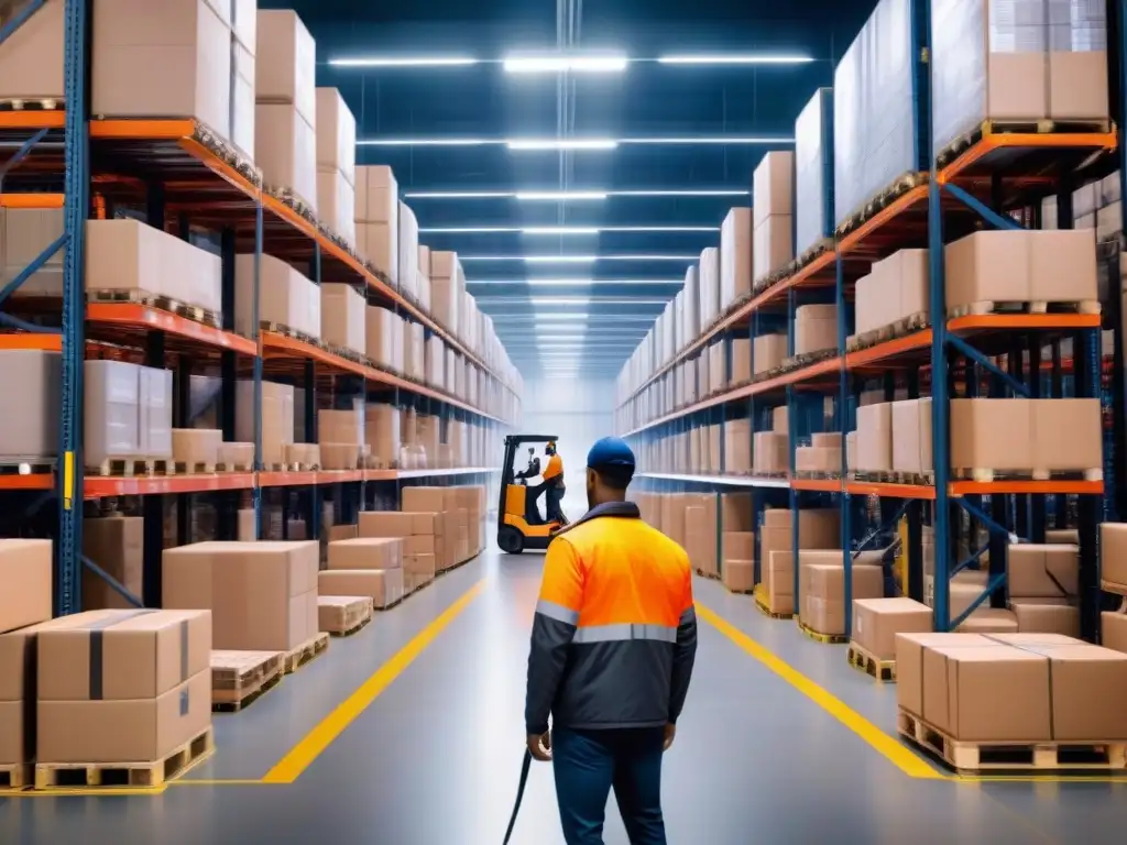 Centro logístico ecommerce: eficiencia y precisión en movimiento Eficiente almacén de ecommerce con trabajadores moviéndose entre estantes llenos de productos
