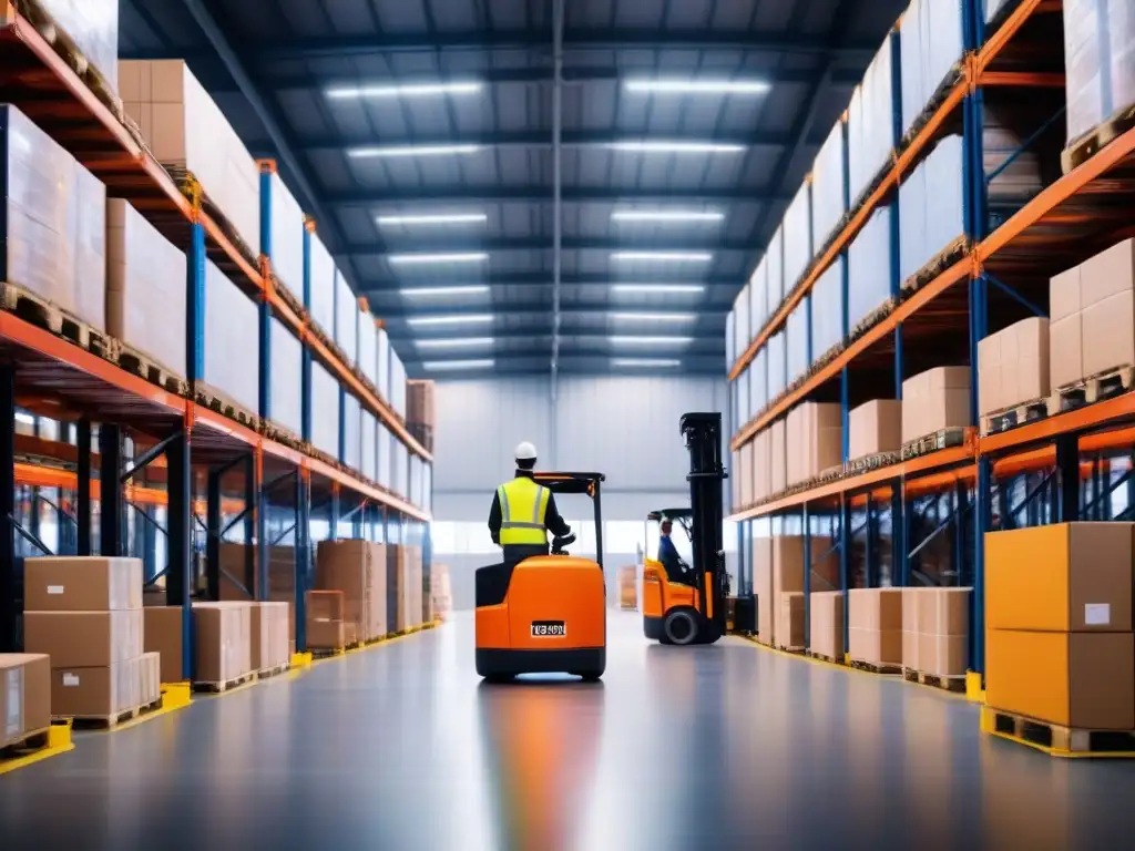 Eficiencia logística: Almacén en acción con trabajadores y forklifts Eficiente empresa logística: trabajadores en chalecos reflectantes moviendo mercancía en almacén, escaneando inventario