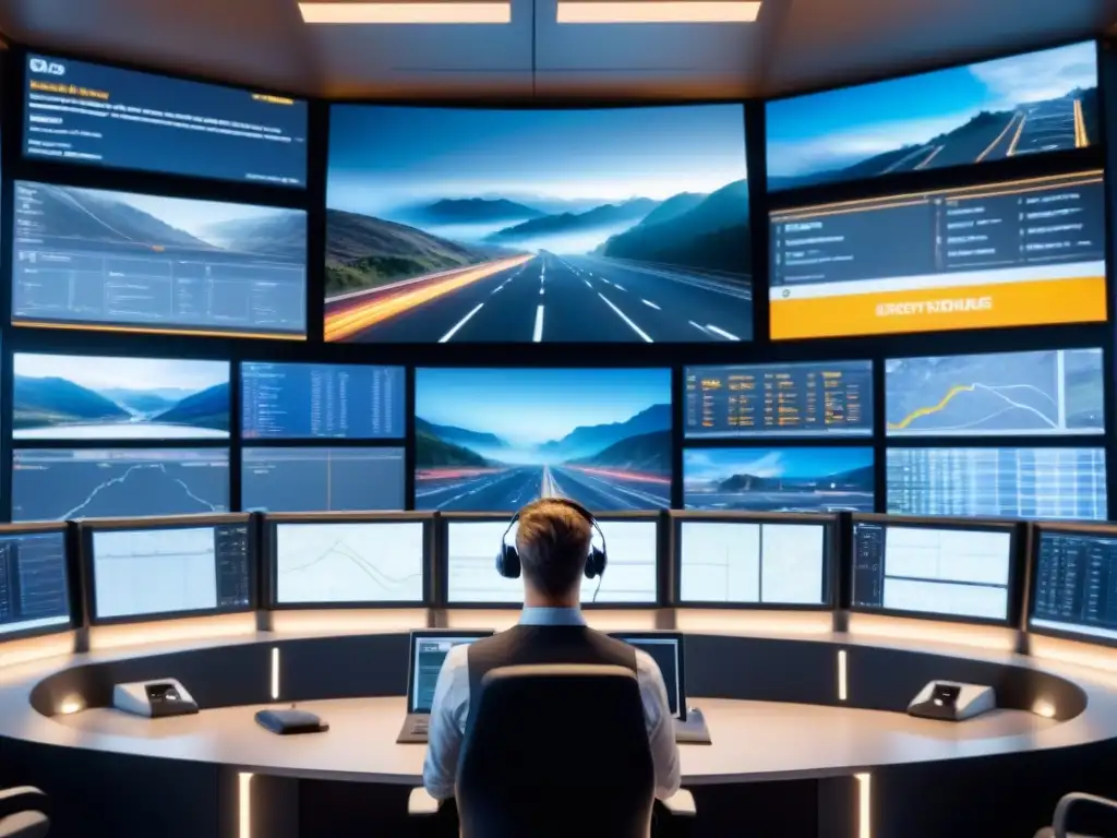 Centro de Control de Flota: Monitoreo en Tiempo Real Operación eficiente de gestión de flotas en tiempo real con pantallas de mapas y análisis de datos por un equipo de operadores