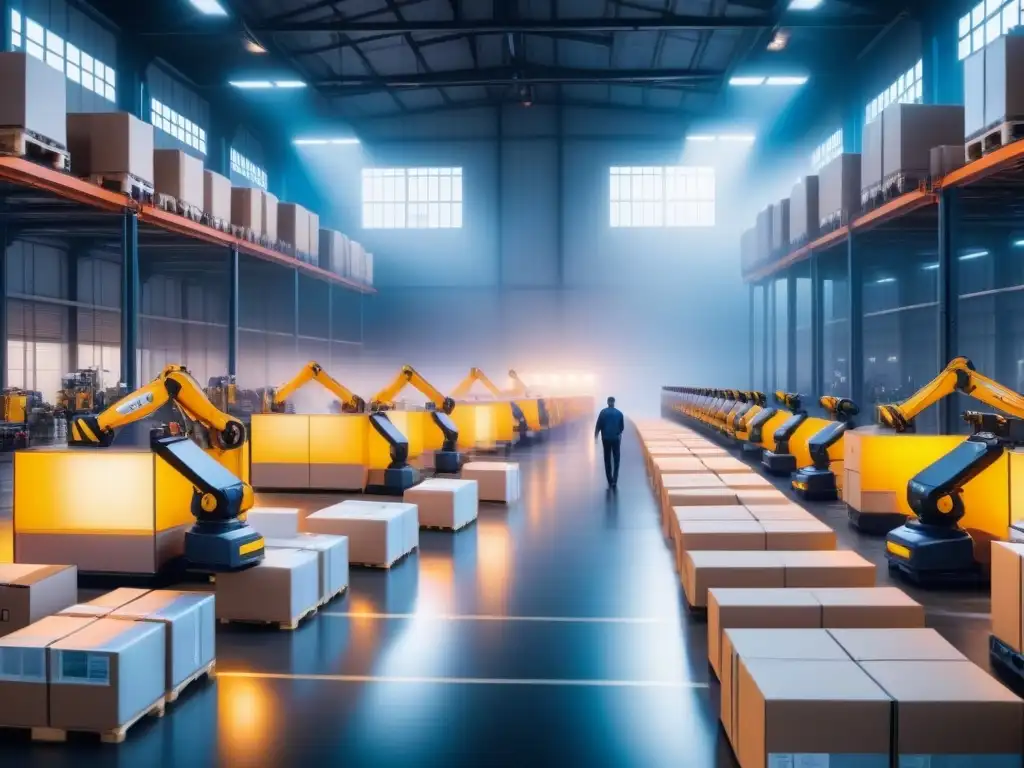 Almacén del futuro: tecnología y humanos en logística avanzada Eficiente almacén futurista con tecnología innovadora y trabajadores supervisando software líder en logística innovadora