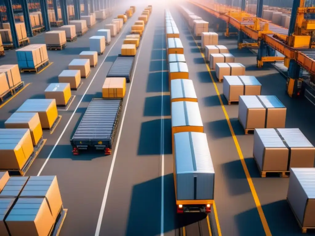 Eficiente gestión de almacén en mercado emergente con IA Eficiente gestión de almacenes en mercado emergente con IA en acción: robots, cintas transportadoras y trabajadores coordinados