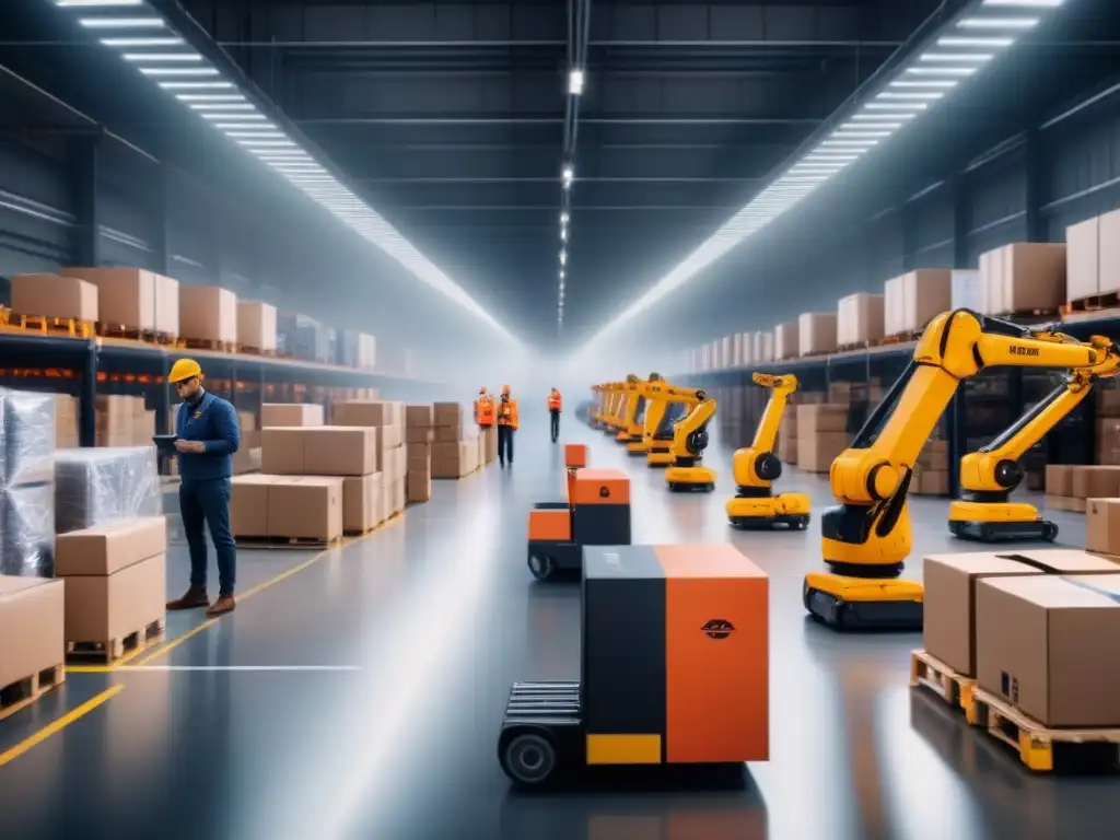 Almacén logístico moderno: robots clasificando paquetes Eficiente gestión de almacenes con IA: moderno almacén logístico con robots clasificando paquetes y trabajadores supervisando