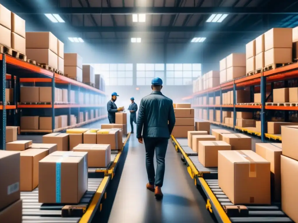 Almacén de ecommerce: Devoluciones organizadas y eficientes Eficiente gestión de devoluciones en almacén ecommerce, trabajadores ordenados, paquetes en estanterías y conveyor