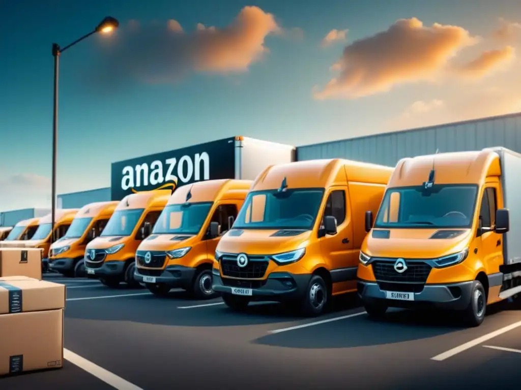 Flota de camiones de entrega de Amazon en acción Eficiente gestión de flotas en tiempo real: Camiones de reparto de Amazon alineados, trabajadores cargando paquetes y monitor de rutas