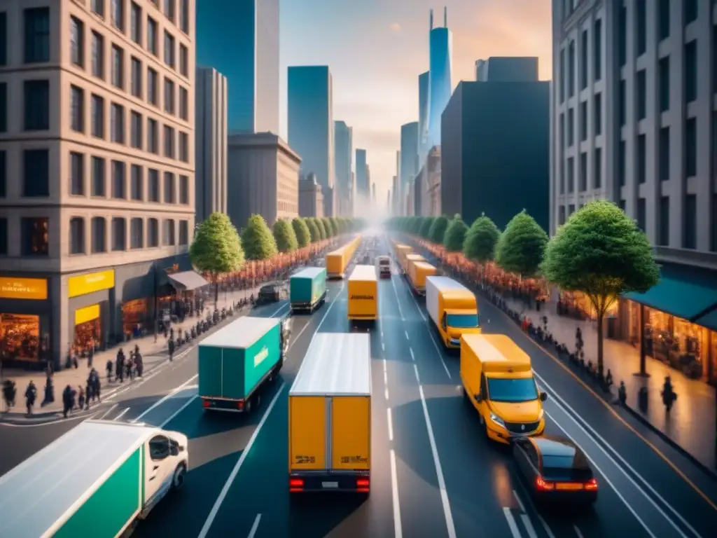 Logística urbana: flota de entrega con tecnología de rastreo en tiempo real Eficiente gestión de flotas en tiempo real: camiones de reparto con tecnología avanzada, coordinación en medio del tráfico urbano