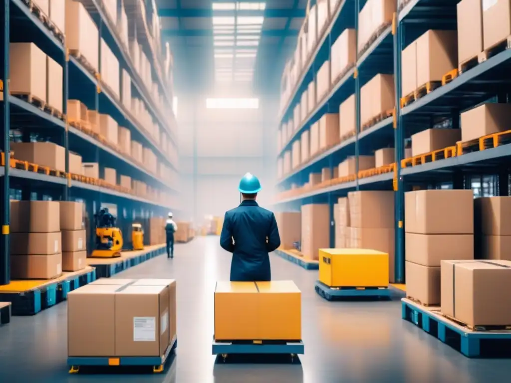 Almacén automatizado: eficiencia y precisión en la gestión de inventario Eficiente gestión de inventario automatizada con robots y supervisores en almacén moderno