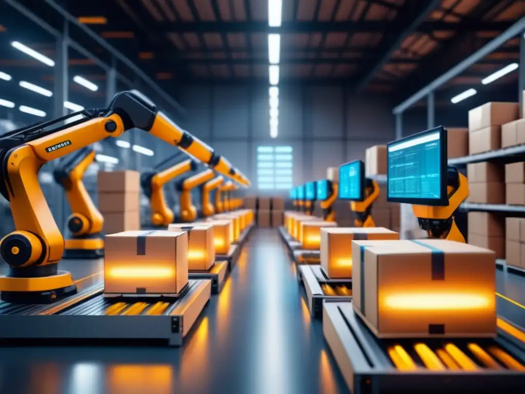 Almacén robotizado: eficiencia futurista en la gestión de paquetes Eficiente gestión de paquetes con inteligencia artificial en almacén futurista