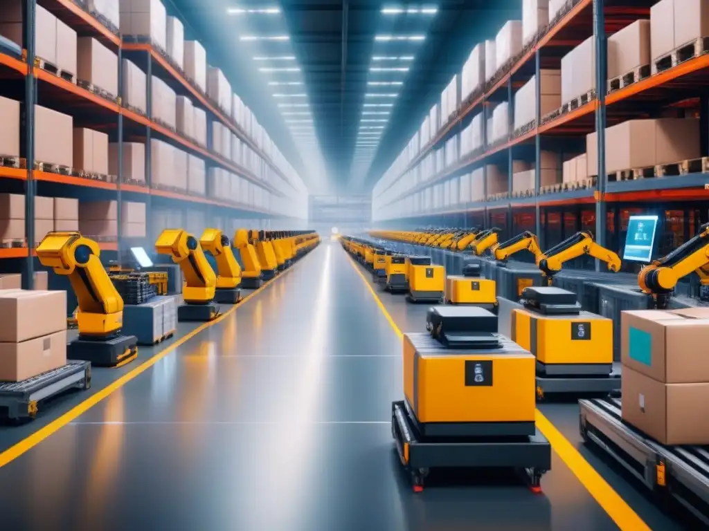 Almacén automatizado: robots clasificando paquetes con precisión Eficiente gestión de paquetes con inteligencia artificial en un almacén automatizado