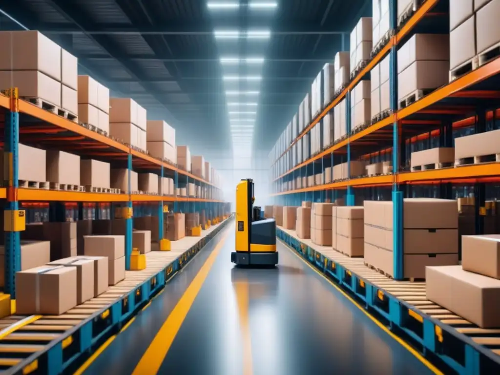 Almacén automatizado: IA en logística y distribución Eficiente gestión de relaciones cliente potenciada en almacén automatizado con brazos robóticos y trabajadores supervisando