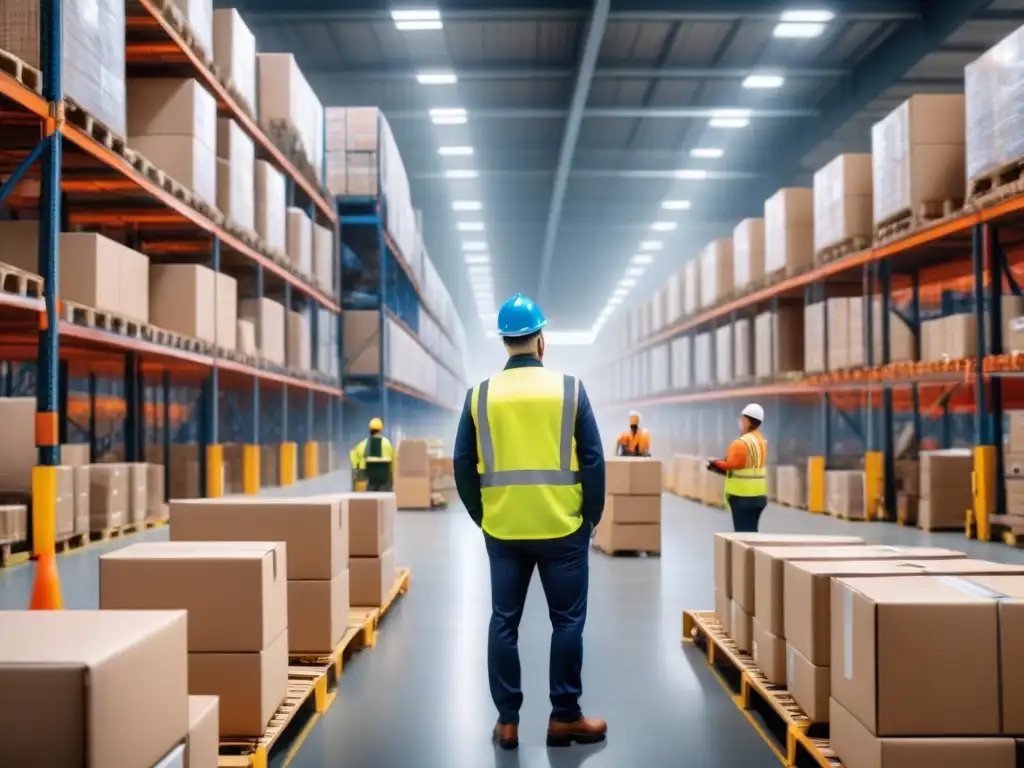 Efficiency y organización en almacén logístico Eficiente gestión de riesgos en logística: escena de almacén bullicioso con trabajadores organizando productos y cajas en movimiento