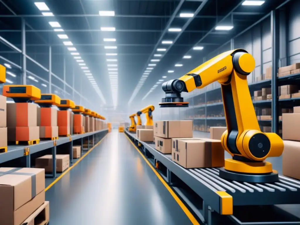 Almacén robotizado: eficiencia logística en acción Eficiente automatización logística: análisis costosbeneficios en almacén con brazos robóticos ordenando paquetes