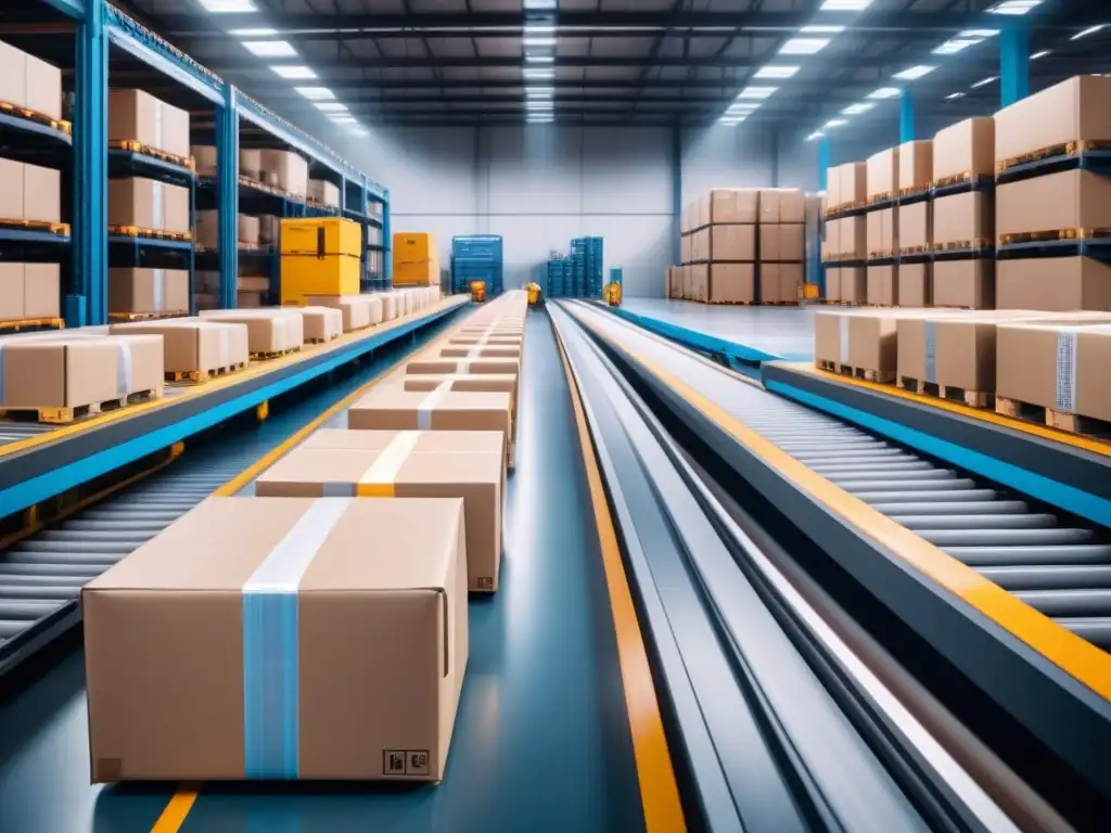 Almacén futurista: robots automatizados y tecnología avanzada en acción Eficiente gestión logística: almacén futurista con robots y tecnología avanzada